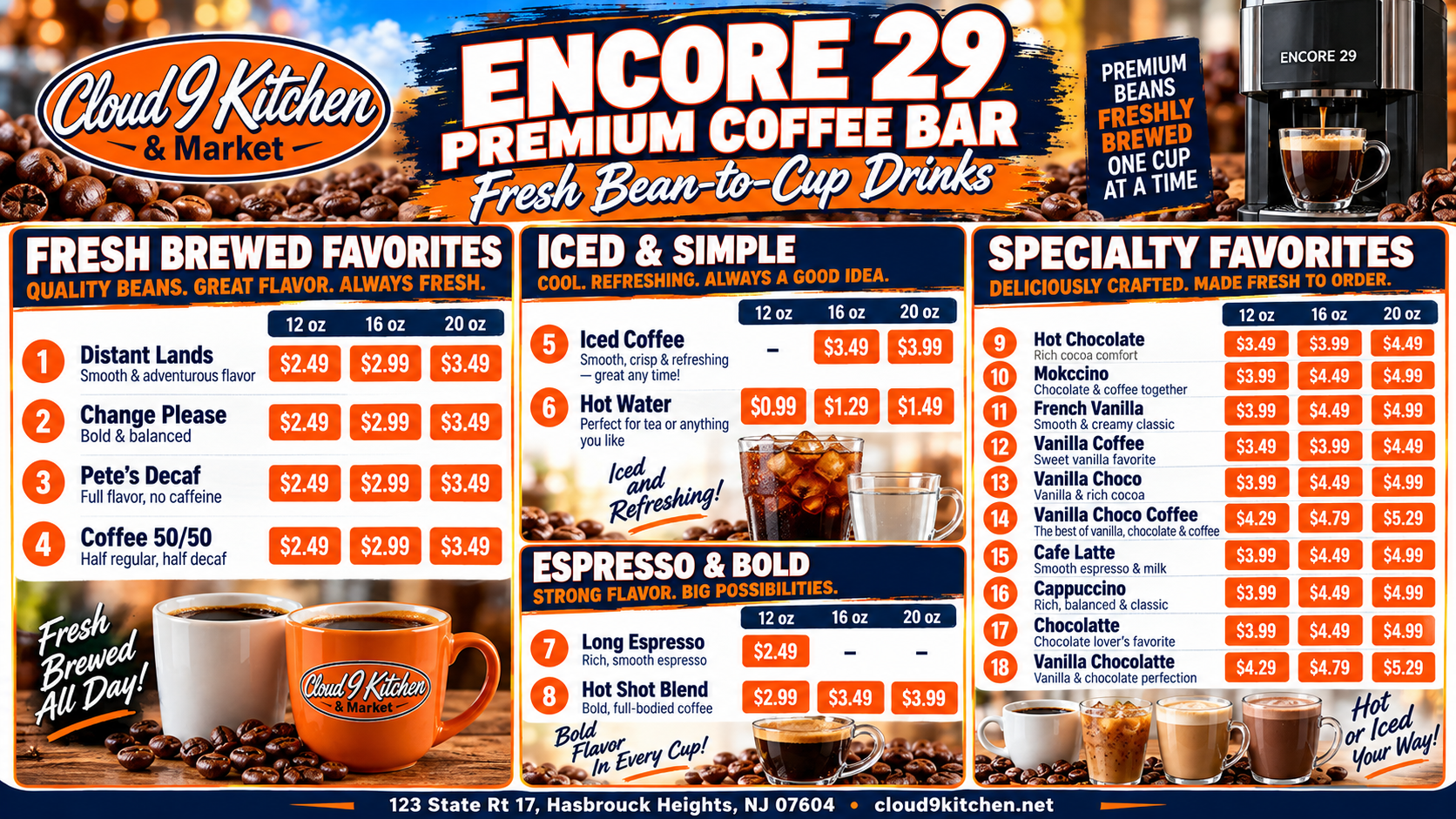 Encore 29 premium coffee bar menu