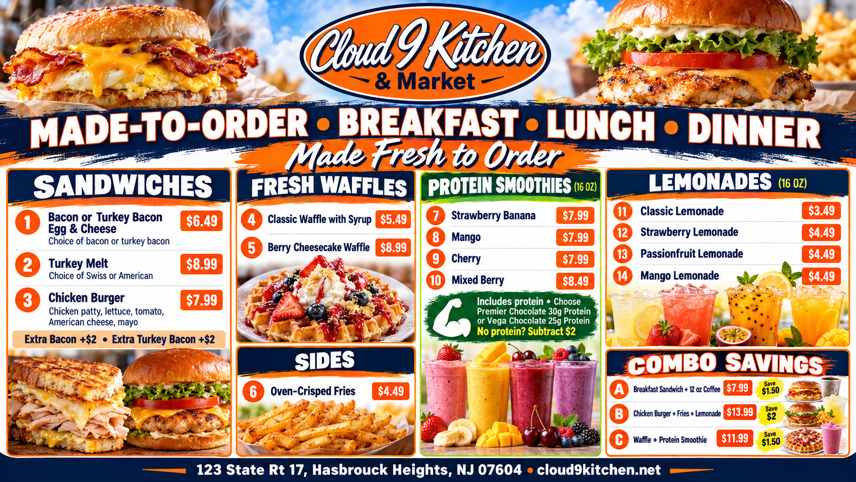 Cloud 9 Kitchen food menu — sandwiches, waffles, smoothies, lemonades