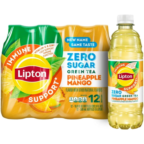 Lipton Immune Support Zero Sugar Iced Tea, Green Tea Pineapple Mango, 16.9 fl oz bottle, Vitamin C, Zinc​