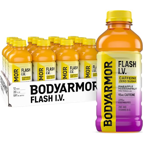 BODYARMOR Flash I.V. Zero Sugar + Caffeine, Pineapple Passionfruit Electrolyte Beverage, 20 Fl Oz