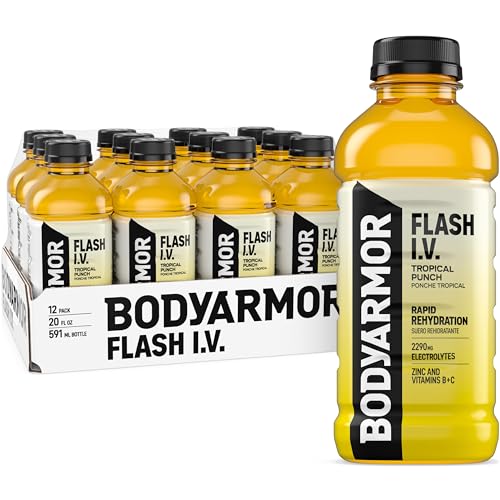 BODYARMOR Flash I.V. Electrolyte Beverage, Tropical Punch, Hydration Drink with Coconut Water For Rapid Rehydration, Post Workout Recovery, 20 Fl Oz