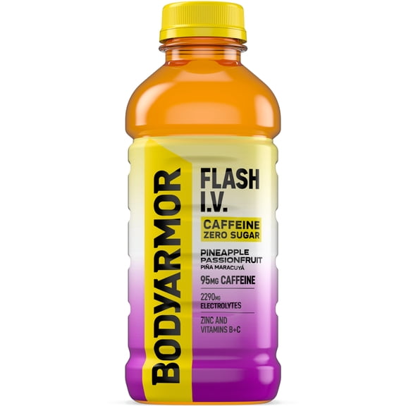 BODYARMOR Flash I.V. Zero Sugar + Caffeine, Pineapple Passionfruit Electrolyte Beverage, 20 Fl Oz