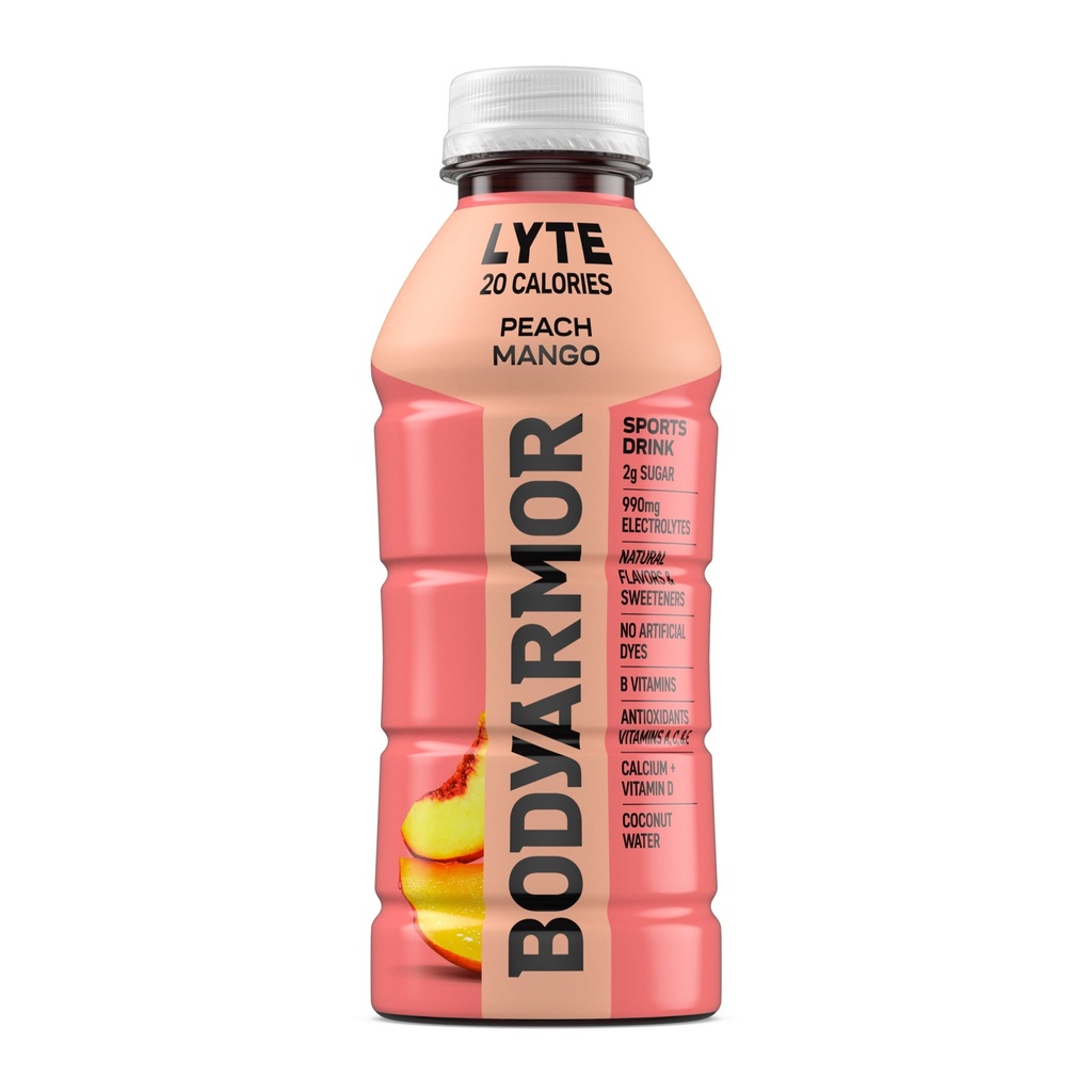 BODYARMOR LYTE, Peach Mango, Electrolyte Drink, 20 Calories, 16 Fl Oz bottle, Coconut Water Sports Drink, Natural Flavor & B Vitamins