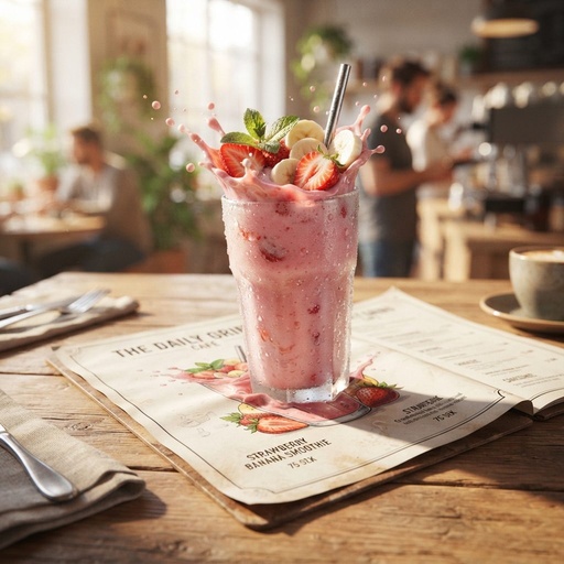 Fresh hand-spun Strawberry Berry Smoothie with fresh garnish